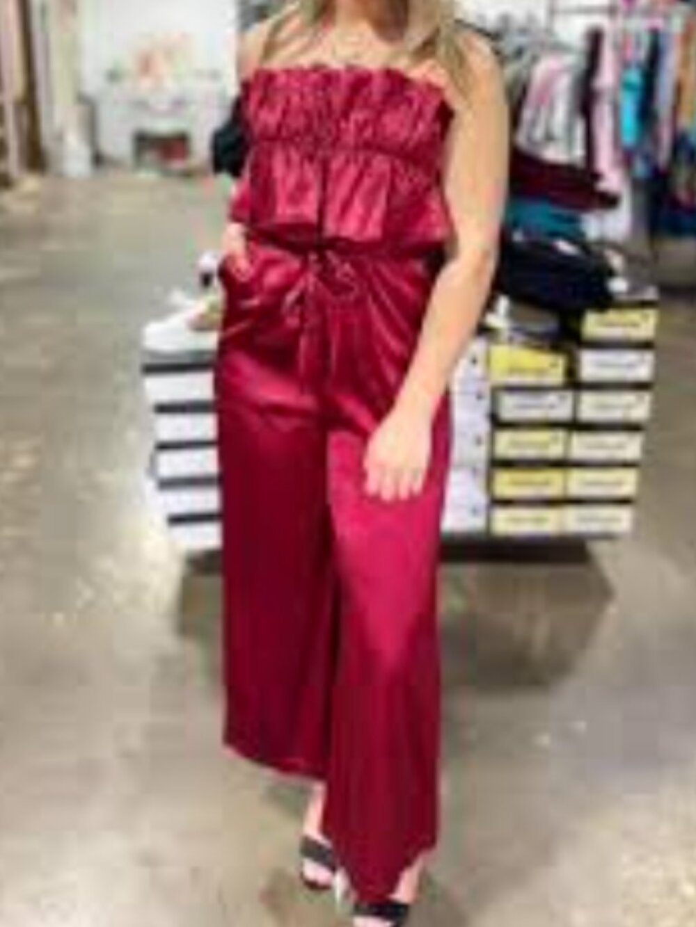 Mittoshop Burgundy Ruffled Satin Strapless Jumpsuit